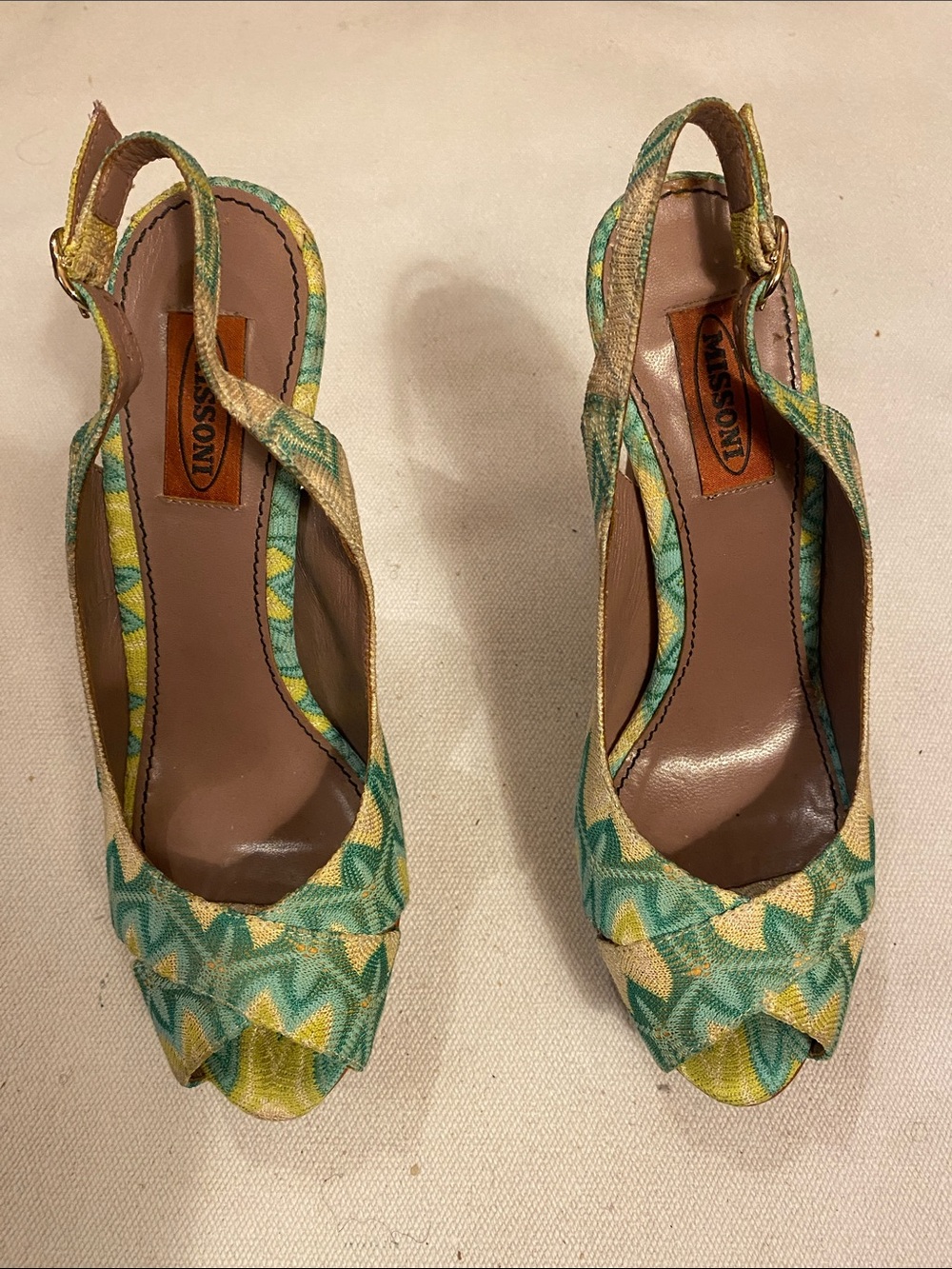 Missoni Green and Yellow Patterned Slingback Peep-Toe Heels